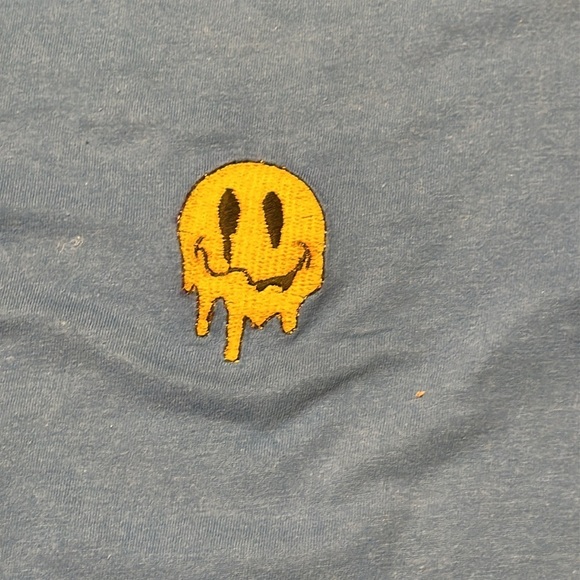 Eighty Eight Graphic Blue Cotton T-Shirt Yellow Smiley Hustle Embroidered LG - Picture 2 of 8